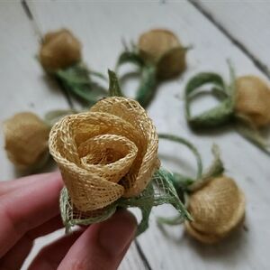 Vintage Burlap Jute Roses Napkin Rings Cutlery Ties set of 6